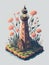 A detailed illustration of an isometric vintage rustic lighthouse, flower splash, watercolor effect, and digital painting.