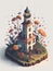 A detailed illustration of an isometric vintage rustic lighthouse, flower splash, watercolor effect, and digital painting.