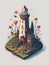 A detailed illustration of an isometric vintage rustic lighthouse, flower splash, watercolor effect, and digital painting.