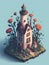 A detailed illustration of an isometric vintage rustic lighthouse, flower splash, watercolor effect, and digital painting.