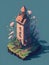 A detailed illustration of an isometric vintage rustic lighthouse, flower splash, watercolor effect, and digital painting.