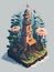 A detailed illustration of an isometric vintage rustic lighthouse, flower splash, watercolor effect, and digital painting.