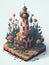 A detailed illustration of an isometric vintage rustic lighthouse, flower splash, watercolor effect, and digital painting.