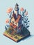 A detailed illustration of an isometric vintage rustic lighthouse, flower splash, watercolor effect, and digital painting.