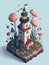 A detailed illustration of an isometric vintage rustic lighthouse, flower splash, watercolor effect, and digital painting.