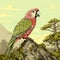 Detailed Illustration Of Parrot On Branch With Mountain Background