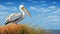 Detailed Illustration Of White Pelican Standing On Yellow Grass