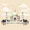 Detailed Ink Illustration Of Taj Mahal On Beige Background