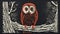 Detailed Inlaid Woodcut Owl Print On Branch - Dark Orange And Black Style