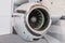 Detailed insigh tturbine blades of an aircraft jet engine, business jet engine close up high detailed view