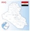 Detailed Iraq administrative map with country flag and location on a blue globe.