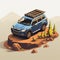 Detailed Isometric Landscape: Blue Subaru Forester On Top Of A Rock