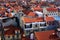 Detailed landscape view of ancient red tile roof buildings in city center of Lisbon. View from top of Santa Justa Lift