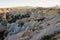 Detailed landscape view of typical geologic formations of Cappadocia. Amazing shaped sandstone rocks. Famous touristic place