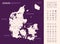 Detailed map of Denmark with administrative divisions on a dark background country big cities and icons set vector illustration