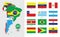 Detailed map of South America with country silhouettes and flags