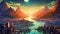 A detailed painting of a city nestled among majestic mountains, with a serene river flowing through it, Pixelated tech landscape
