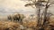 Detailed Painting Of Elephants In A Savanna With Tree