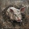 Detailed painting of a pig lying contentedly in mud, with a focus on its satisfied expression and the textured mud