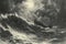 A detailed painting of a ship navigating through powerful waves in a tumultuous storm at sea, A vintage drawing of a ship battling