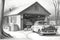 detailed pencil sketch of garage with tools, equipment, and car in the background