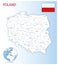 Detailed Poland administrative map with country flag and location on a blue globe.