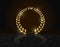 Detailed round golden laurel wreath crown award on dark background with reflection. Gold ring frame logo. Victory, honor