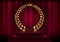 Detailed round golden laurel wreath crown award on velvet red curtain background and stage podium. Gold ring frame logo. Victory