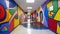 A detailed shot of the colorful and abstract murals adorning the walls of a school adding a creative touch to the