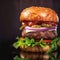 Detailed shot of delicious handmade burger against dark backdrop