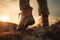 Detailed shot of hiker boots walking on a mountain trail at sunset. The image captures the spirit of adventure and exploration. Ai
