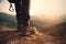 Detailed shot of hiker boots walking on a mountain trail at sunset. The image captures the spirit of adventure and exploration. Ai