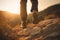 Detailed shot of hiker boots walking on a mountain trail at sunset. The image captures the spirit of adventure and exploration. Ai