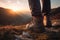 Detailed shot of hiker boots walking on a mountain trail at sunset. The image captures the spirit of adventure and exploration. Ai