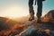 Detailed shot of hiker boots walking on a mountain trail at sunset. The image captures the spirit of adventure and exploration. Ai