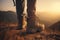 Detailed shot of hiker boots walking on a mountain trail at sunset. The image captures the spirit of adventure and exploration. Ai