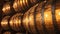 Detailed shot showcasing rows of wooden barrels