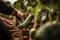 A detailed, shot of a specific vegetable being harvested, such as a cucumber being gently picked from unearthed from the soil.