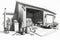 detailed sketch of garage with tools, equipment, and automotive accessories