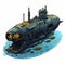 Detailed Steampunk Submarine Resting On Watery Land