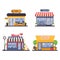 Detailed storefront for grocery and meat shop, bakery, coffee cafe. Vector facade illustration for local business and selling