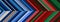 Detailed striped dual geometric pattern composed of big amount of thin green, red and blue stripes