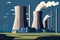 Detailed  style graphic of a nuclear power plant with reactors and steam rising from the cooling towers against a blue sky