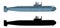 Detailed Submarine and Black Silhouette. Side view. Warship in realistic style. Military ship. Battleship model. Vector.