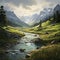 Detailed Swiss Style Painting: Austrian Alps With River