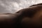 Detailed texture of human skin. Close up shot of young african-american male body like landscape with the sky background