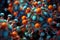 A detailed and up-close shot showcasing the colors and textures of an orange and blue substance, Vibrant nanotechnology atoms