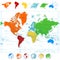 Detailed vector World map with colorful continents and 3D globes