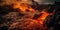 Detailed view of an active lava flow, hot magma emerges from a crack in the earth, the glowing lava appears in strong yellows and