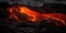 Detailed view of an active lava flow, hot magma emerges from a crack in the earth, the glowing lava appears in strong yellows and